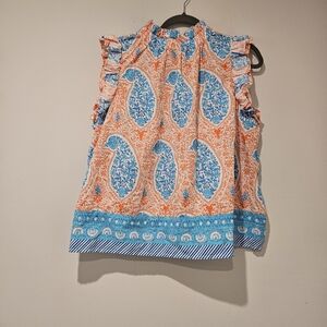 Crown & Ivy Orange and Blue Paisley Ruffle Blouse, Size XL